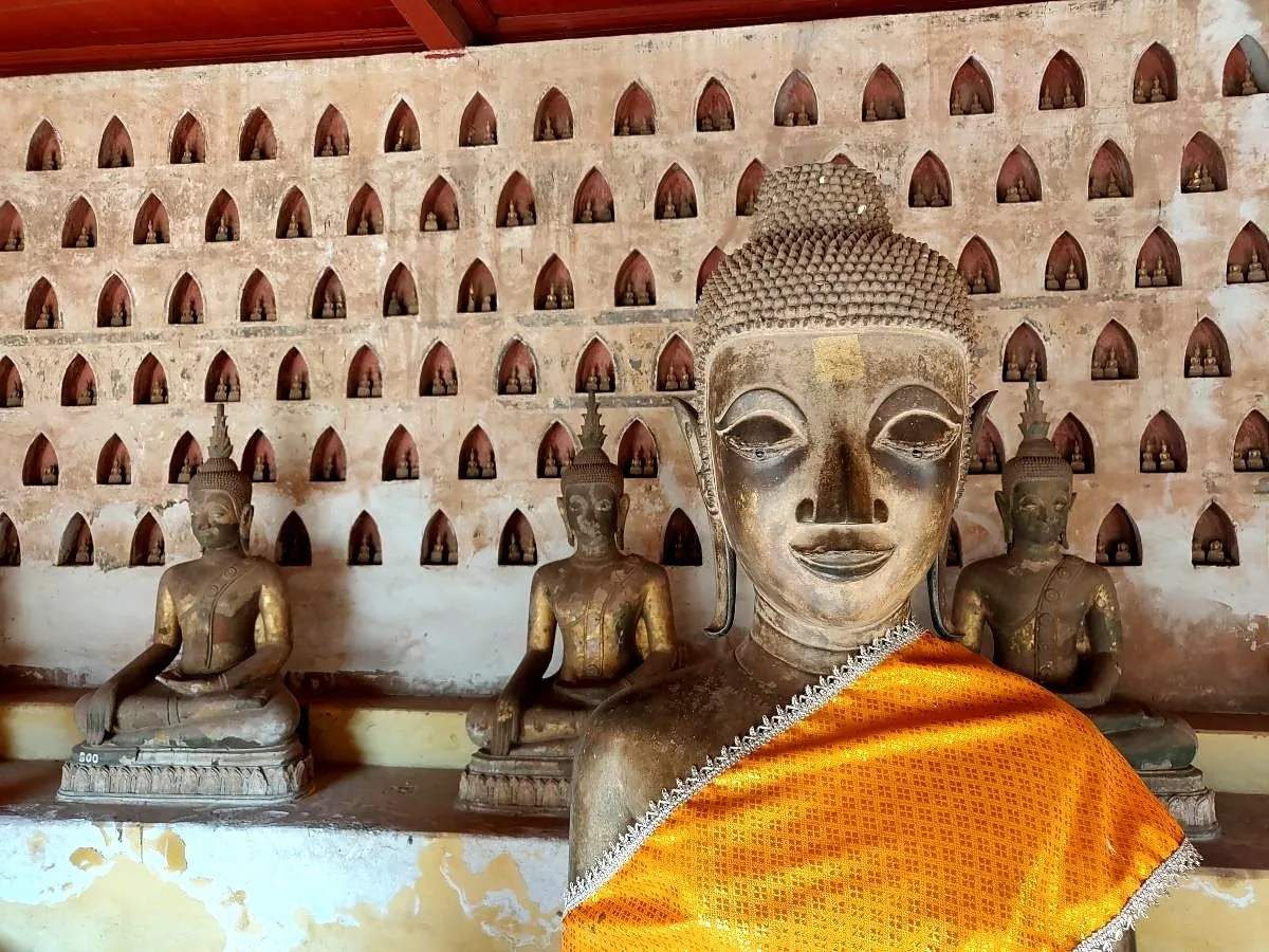 Buddha statues at a temple in Vientiane, Laos