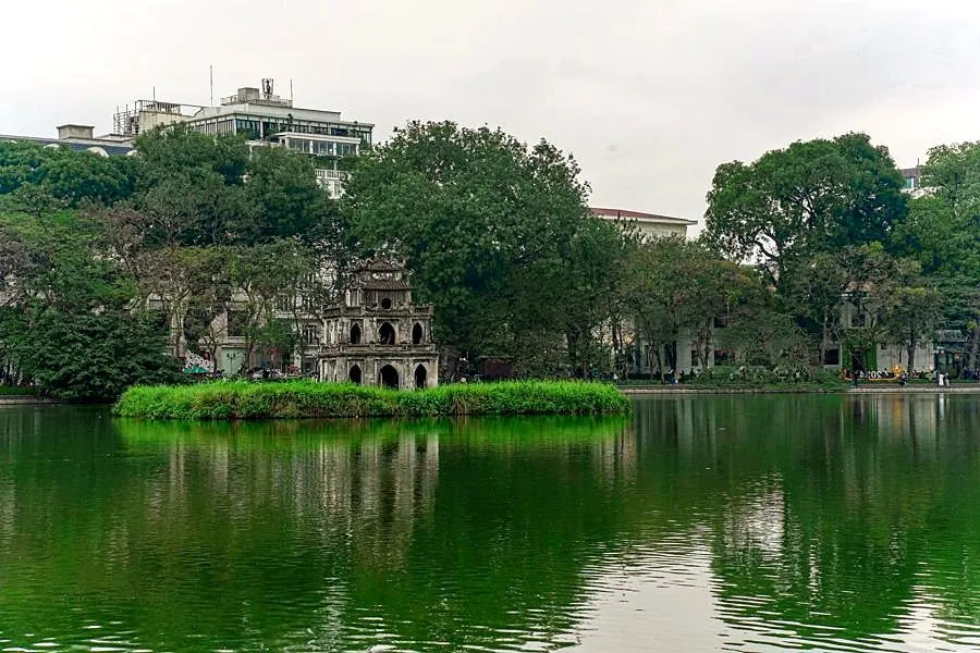 Hoan Kiem Lake and surrounding buildings in Hanoi