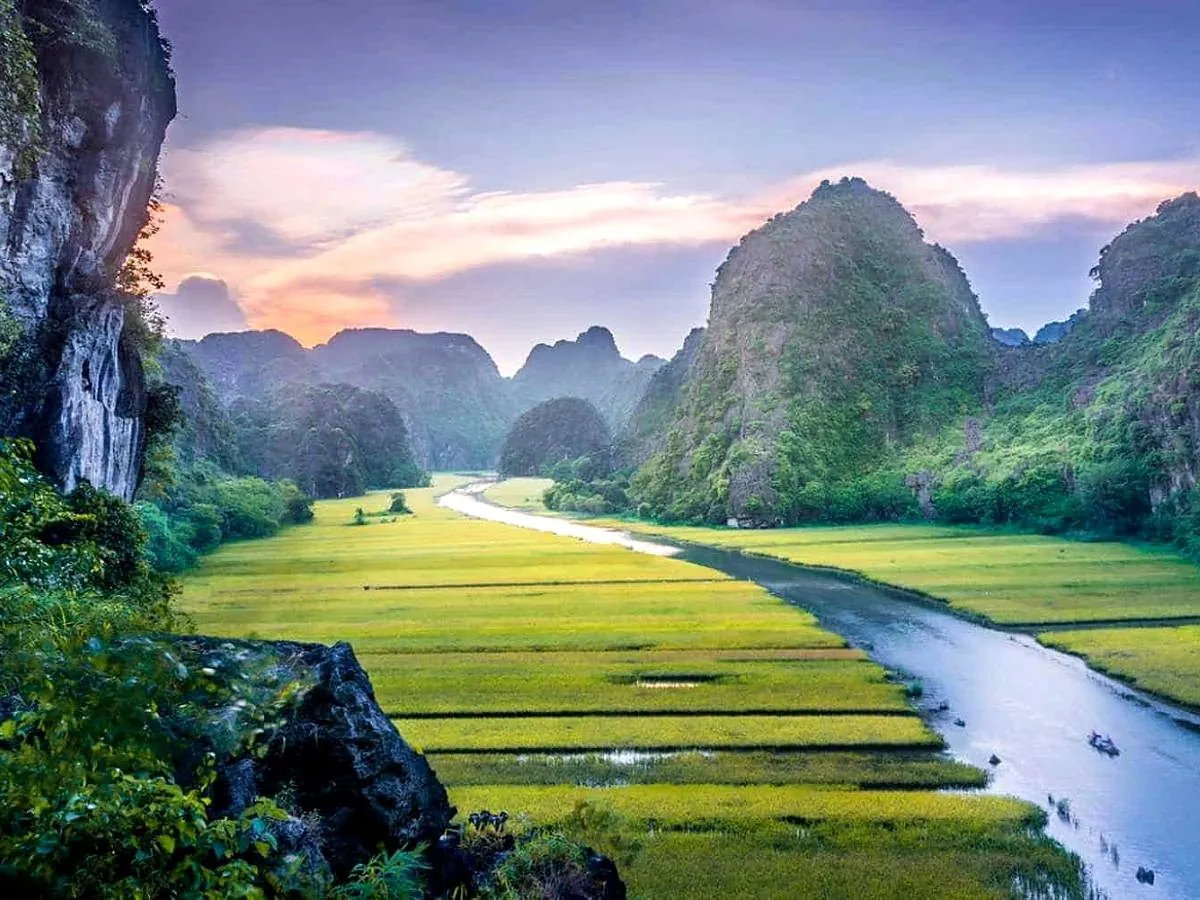 Rice fields and karst mountains at Tam Coc, Ninh Binh