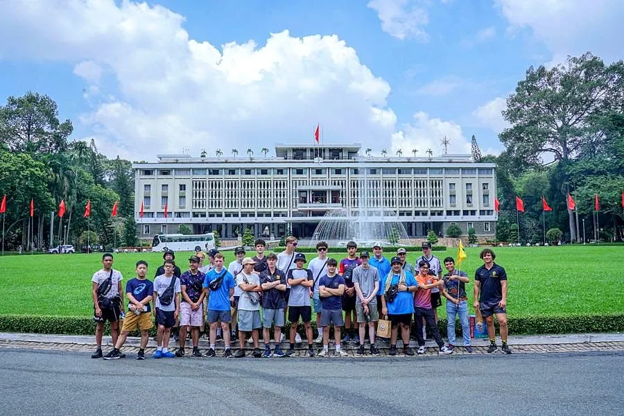 Students outside Reunification Palace in Ho Chi Minh City
