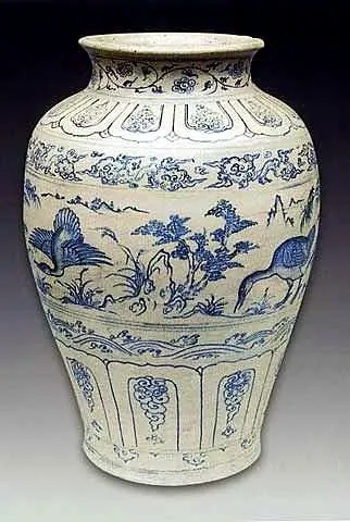 A cobalt-blue ceramic jar with swan decoration, a Vietnamese national treasure